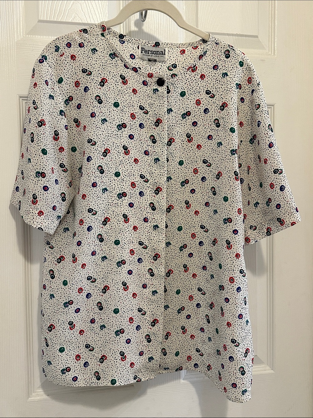 Leslie Fay Vintage White Short Sleeve Blouse with Multicolor Dot Print
